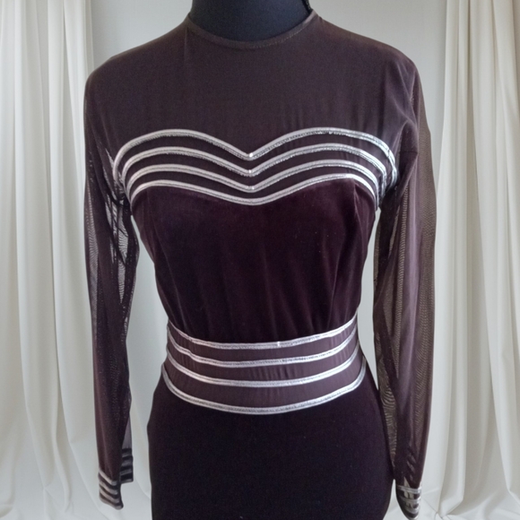 Chocolate Color Stretch/velvet Dress with Long Cuffed Sleeves for Cocktail Night - Picture 2 of 7